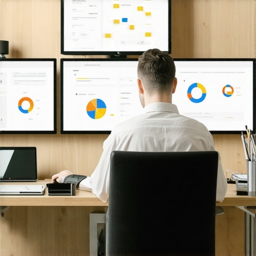 A person analyzing SEO metrics on dual monitors, demonstrating tools used for local SEO management.